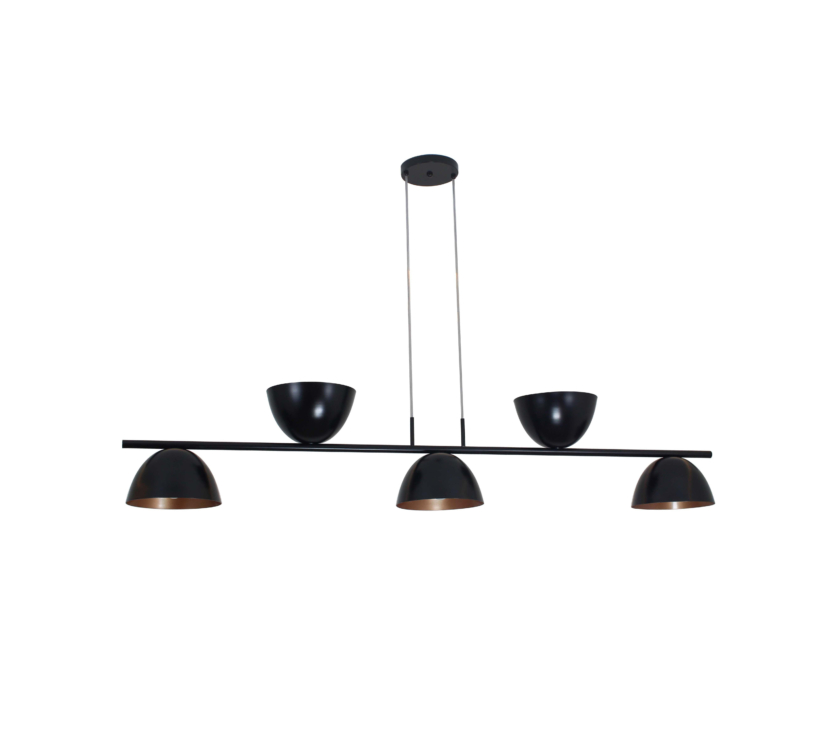 Lustre Pendente Versa Retangular Industrial 5 Cúpulas 1,50cm Preto e Cobre 641