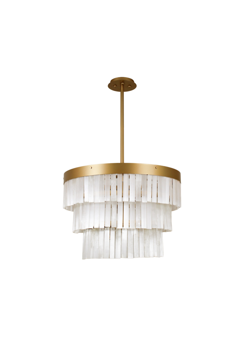 Lustre Pendente Redondo Cristal Selenita Rocha Dourado 60cm 789
