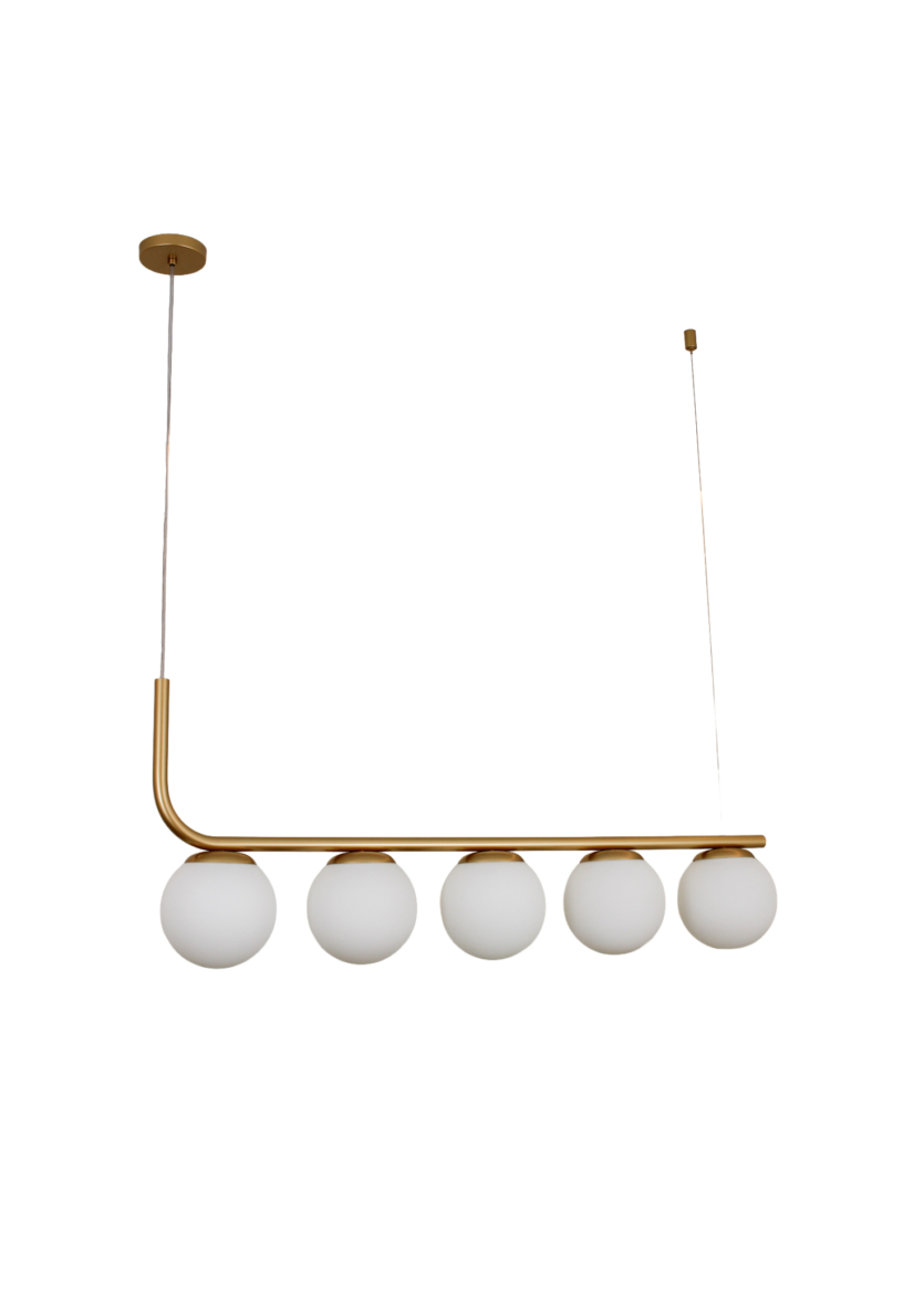 Lustre Pendente Haste 1 Metro 5 Bolas Globo Dourado Fosco 717