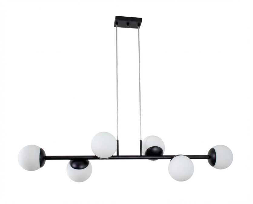 Lustre Pendente 6 Bolas 1 Metro Vidro Branco Preto 173