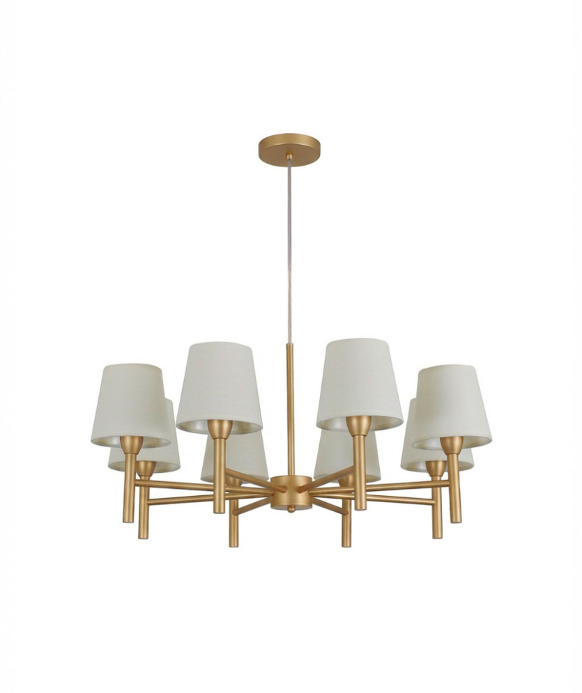 Lustre Pendente Tocheiro Redondo Cúpula 08 Braços 75cm Dourado Fosco 658/8