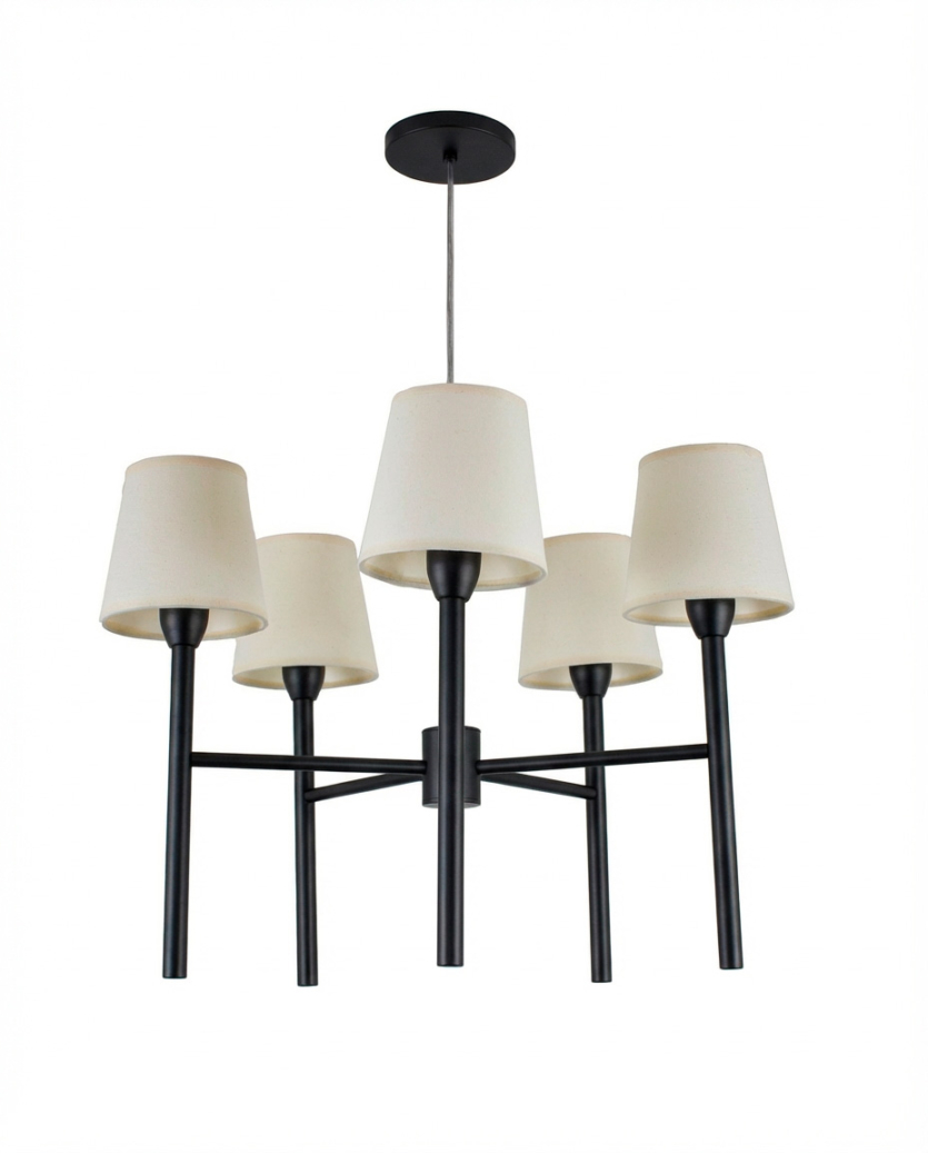 Lustre Pendente Redondo Tocheiro Cúpula 05 Braços Preto 220/5