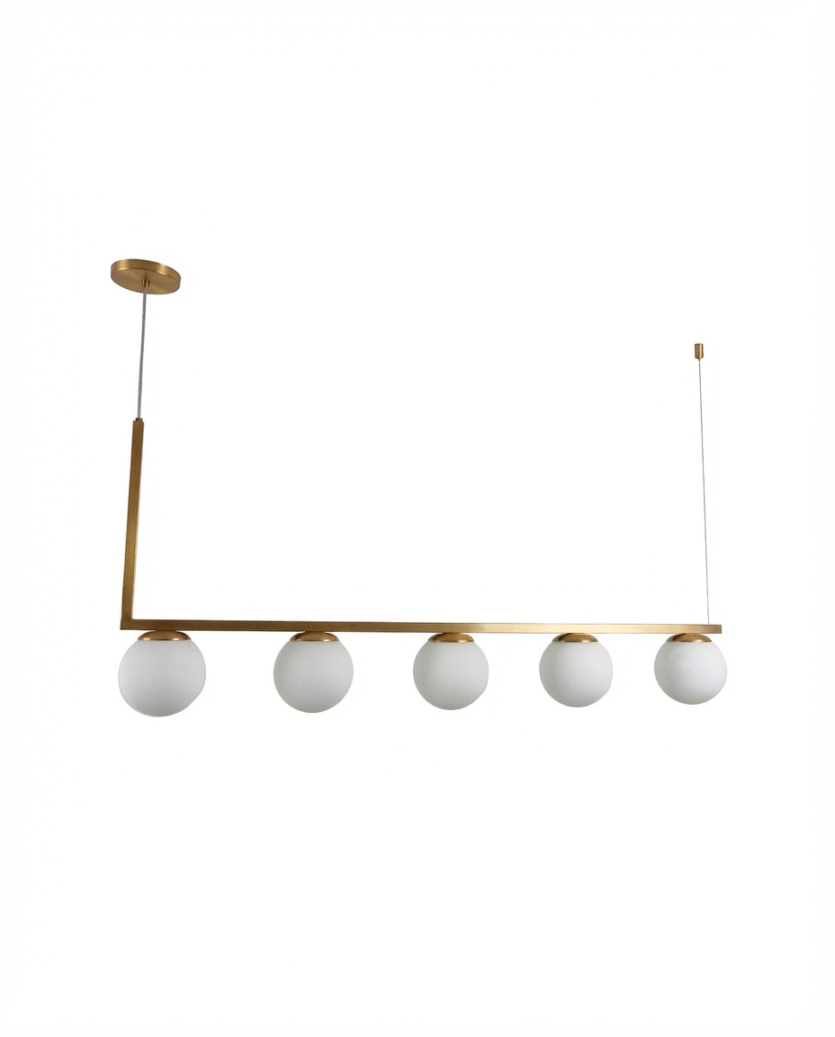 Lustre Pendente Haste Angular 5 Bolas Globo Dourado 120cm 370