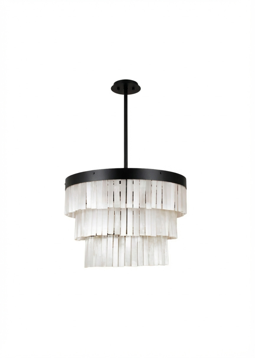 Lustre Pendente Redondo Cristal Selenita Rocha Preto 40cm 790