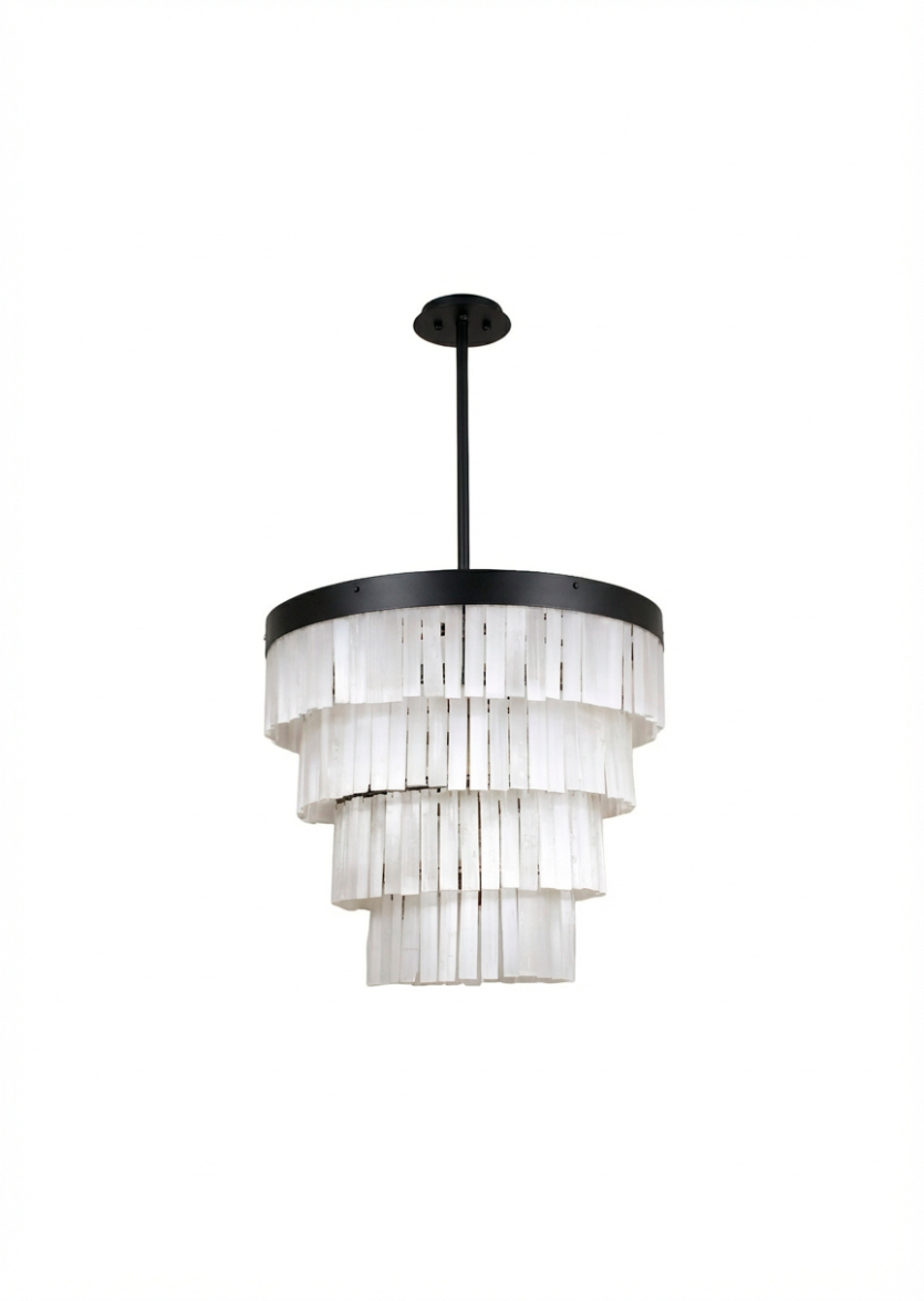 Lustre Pendente Redondo Cristal Selenita Rocha Preto 60cm 791