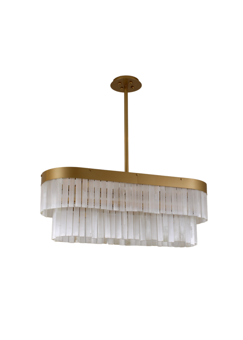 Lustre Pendente Retangular Oval Cristal Selenita Rocha Dourado 818